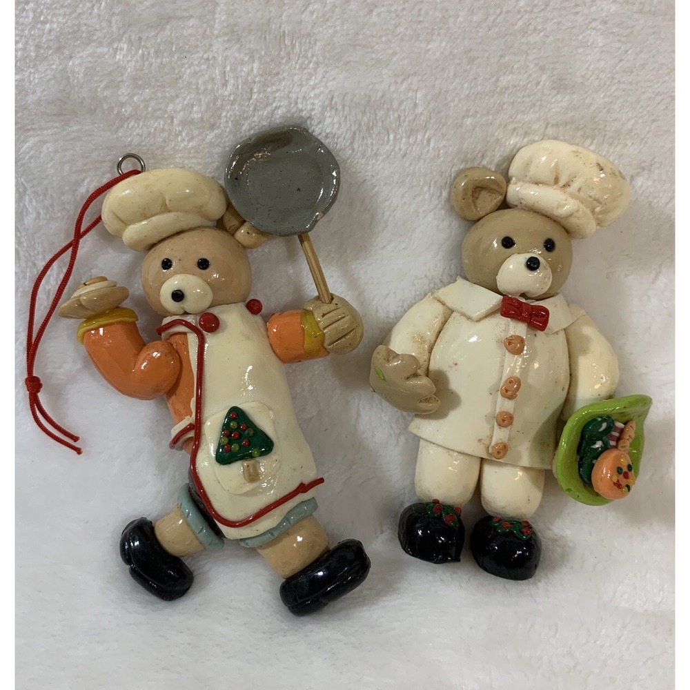 Lot Of 2 Vintage Glazed Salt Dough Type Christmas Bear Chef Holiday Ornaments